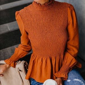 High neck smocked peplum top